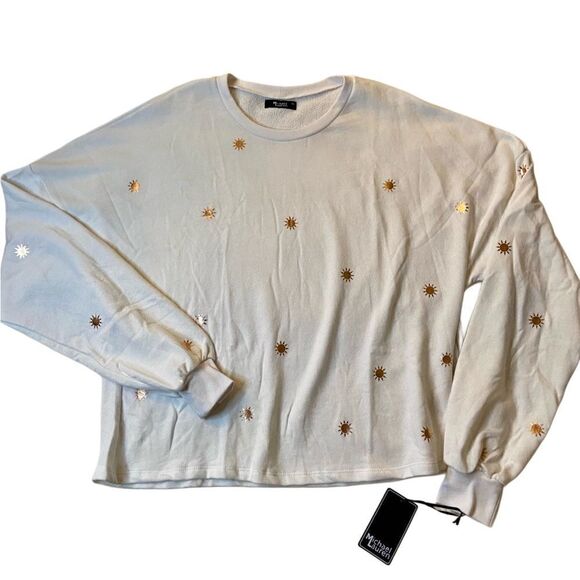 NWT Michael Lauren Fairfax Classic Sweatshirt in White with Rose Gold Sun Foils - Picture 12 of 13